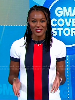 Janai's white, navy and red colorblock dress on Good Morning America