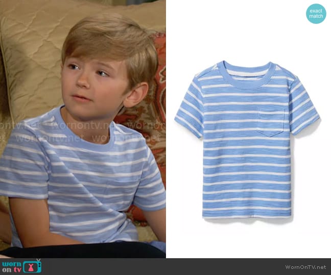 Janie + Jack Striped Slub Pocket Tee in Ocean Air Stripe worn by Harrison Abbott (Redding Munsell) on The Young and the Restless