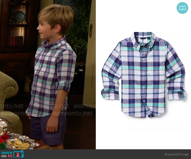 Janie + Jack The Madras Plaid Shirt in Dark Blue Plaid worn by Harrison Abbott (Redding Munsell) on The Young and the Restless