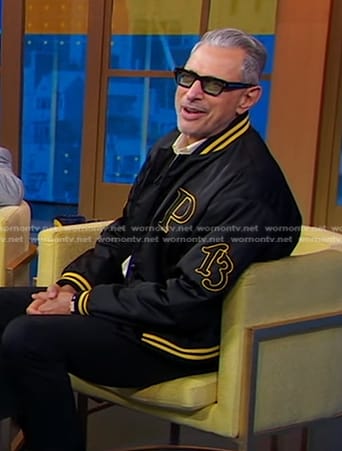 Jeff Goldblum's black bomber jacket with patch on Good Morning America