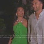 Jenn Tran’s green embellished halter mini dress on The Bachelorette