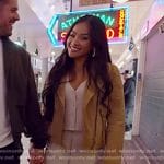 Jenn Tran’s beige suede moto jacket and mini skirt on The Bachelorette