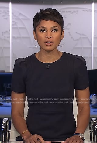 Jericka's navy suede short sleeve dress on CBS Evening News