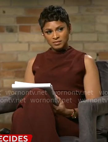 Jericka Duncan's burgundy sleeveless jumpsuit on CBS Mornings