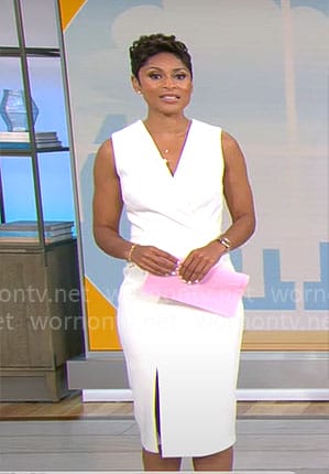 Jericka Duncan's white v-neck sheath dress on CBS Mornings