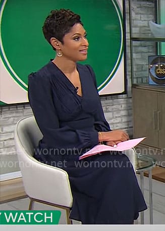 Jericka Duncan's navy v-neck long sleeve midi dress on CBS Mornings