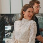 Jess’s cream lace dress with ruffles on Owning Manhattan