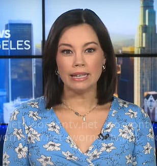 Jo Ling Kent's blue floral wrap dress on CBS Mornings