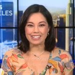 Jo Ling Kent’s petal print v-neck dress on CBS Mornings