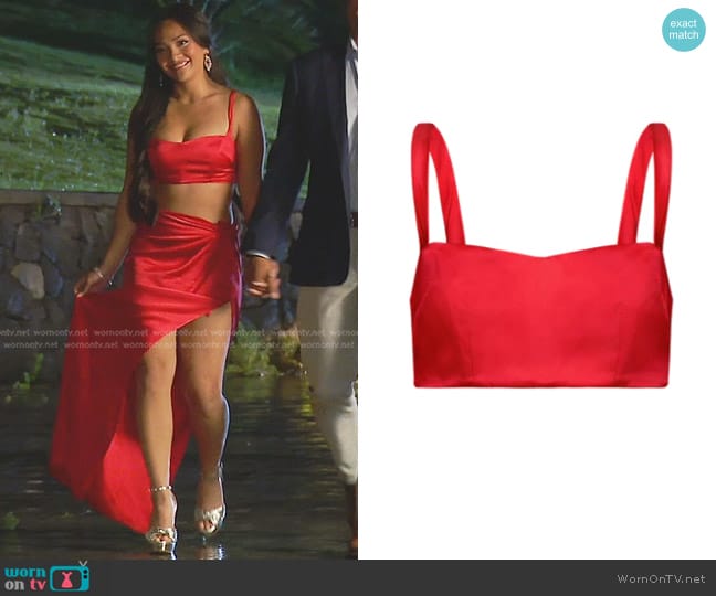 Joy Cioci Avali Crop Top in Red worn by Jenn Tran on The Bachelorette