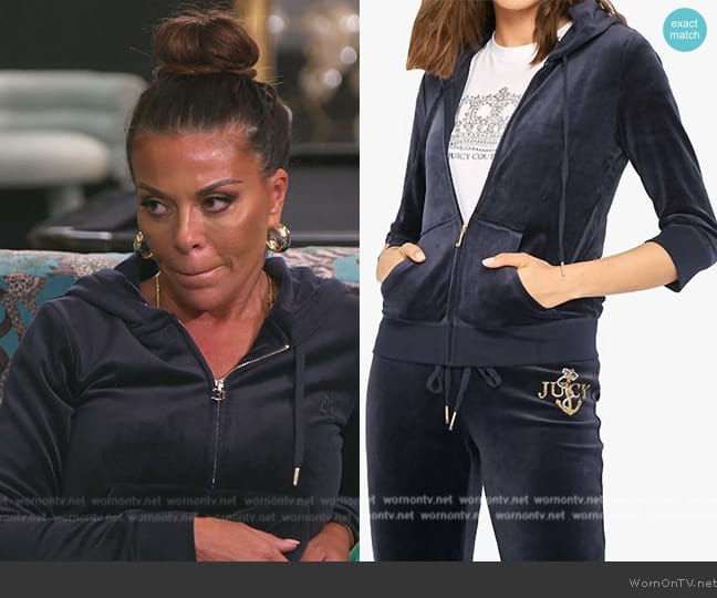 Juicy Couture regal anchor velour robertson hoodie jacket in navy blue worn by Dolores Catania on The Real Housewives of New Jersey