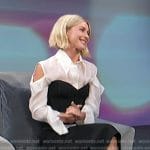 Julianne Hough’s white cold shoulder shirt and corset dress on Access Hollywood