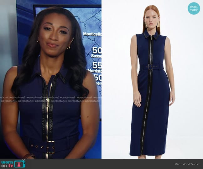 Karen Millen Pu Ponte Belted Midi Dress in Navy worn by Brittany Bell on Good Morning America