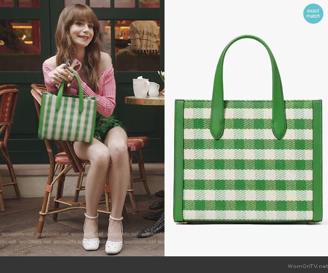 Kate Spade Manhattan Gingham Tweed Fabric Small Tote worn by Emily Cooper (Lily Collins) on Emily in Paris