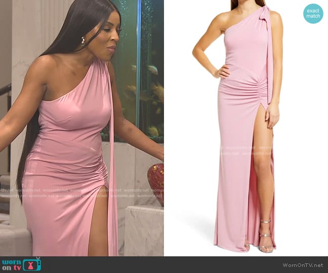 Katie May Raising The Bar Ruched One-shoulder Gown in Pinky Mauve worn by Caroline Brooks (Caroline Brooks) on The Real Housewives of Dubai