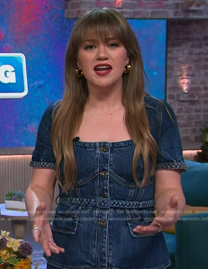 Kelly's denim belted peplum dress on The Kelly Clarkson Show