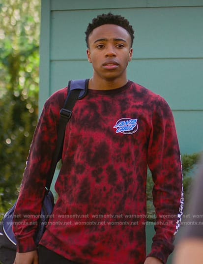 Kenny's black and red printed long sleeve tee on Cobra Kai