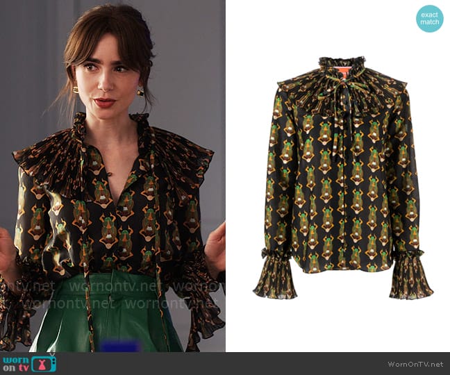 La DoubleJ Nefertiti scarab-print habotai blouse worn by Emily Cooper (Lily Collins) on Emily in Paris