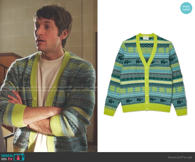 Lacoste Crocodile Fair Isle Wool Blend Cardigan in Limeira Multi worn by Gabriel (Lucas Bravo) on Emily in Paris