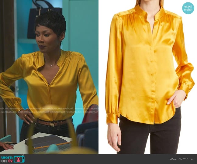 L'Agence Bianca Silk Charmeuse Button-down Blouse in Dark Mustard worn by Jax Stewart (Emayatzy Corinealdi) on Reasonable Doubt