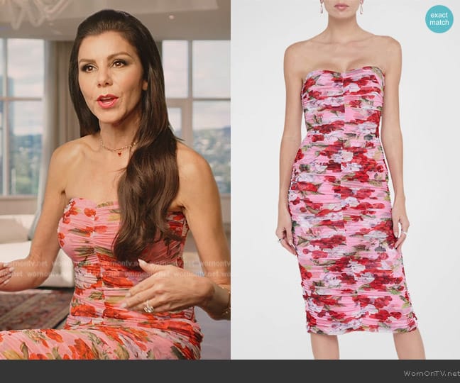 L'Agence Caprice Floral Ruched Midi-Dress worn by Heather Dubrow on The Real Housewives of Orange County