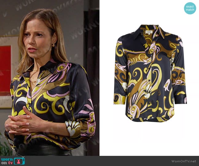 L'Agence Dani 3/4 Sleeve Shirt in Olive Multi Abstract Scarf worn by Ava Vitali (Tamara Braun ) on Days of our Lives