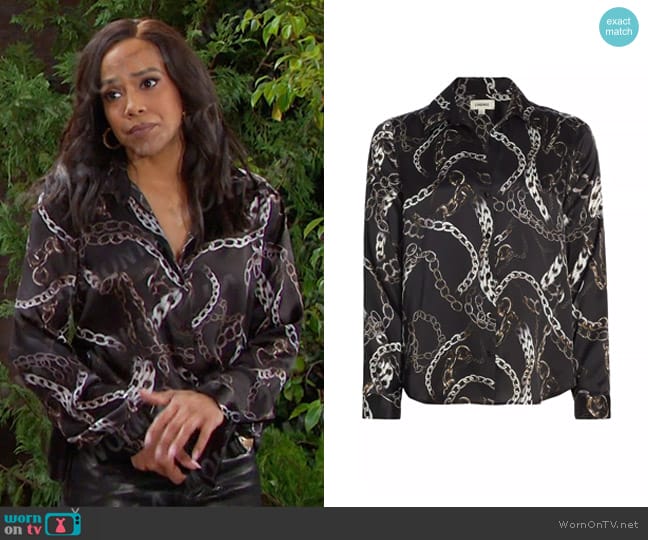 L'Agence Tyler Chain-Print Silk Button-Front Shirt worn by Jada Hunter (Elia Cantu) on Days of our Lives