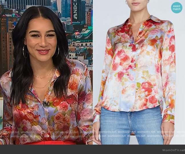 L'Agence Tyler Silk Shirt in Pink Multi Soft Cloud Floral worn by Morgan Radford on NBC News Daily