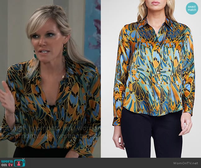 L'Agence  Tyler Blouse in Blue Multi Parrot Feather worn by Ava Jerome (Maura West) on General Hospital