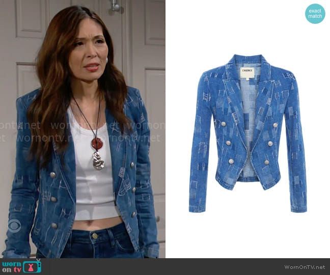 L'Agence Wayne Denim Double Breasted Crop Jacket worn by Penelope Poppy Nozawa (Romy Park) on The Bold and the Beautiful