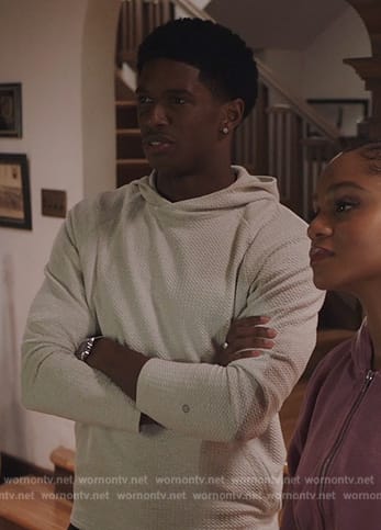 Lando's white textured hoodie on All American Homecoming