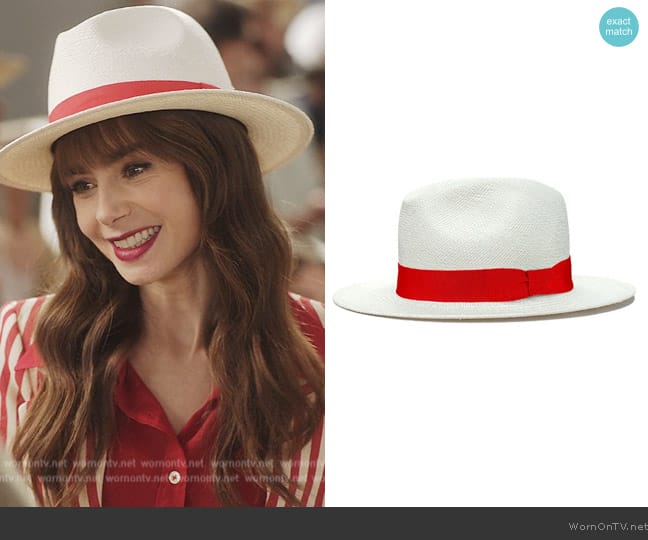 Lastelier Panama Hat in Red worn by Emily Cooper (Lily Collins) on Emily in Paris