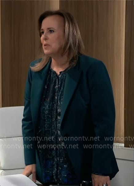 Laura’s green printed blouse and green blazer on General Hospital