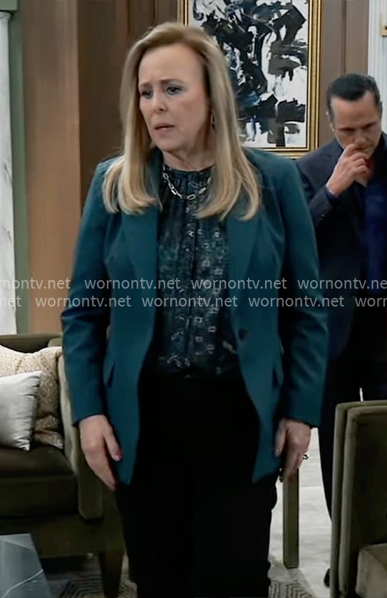 Laura's green printed blouse and green blazer on General Hospital