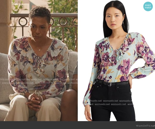 Ralph Lauren Floral Ruffle-Trim Jersey Tie-Neck Top worn by Aunty Vy (April Parker Jones) on Bel-Air