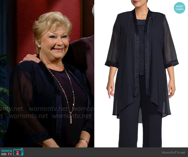 Le Bos Round Neck 3/4 Sleeve Georgette Tonal Trim Evening 3-Piece Pant Set worn by Traci Abbott (Beth Maitland) on The Young and the Restless