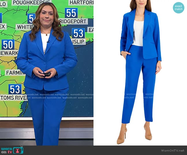 Le Suit Crepe One-Button Pantsuit in Cabana Blue worn by Violeta Yas on NBC News Daily