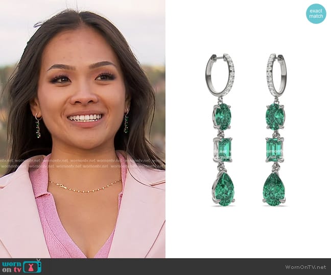 Charles & Colvard Emerald Rio Three-Stone Drop Earrings worn by Jenn Tran on The Bachelorette