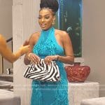 Lesa’s blue fringed knit dress on The Real Housewives of Dubai