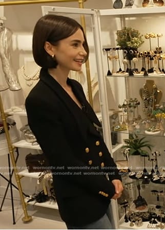 Lily Collins’ black double breasted tweed blazer on Good Morning America