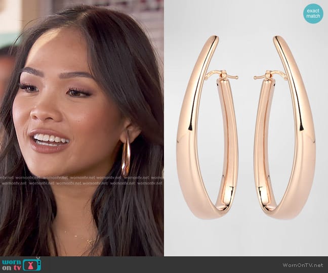 Lisa Nik Golden Dreams 18K Rose Gold Elongated Curved Hoop Earrings worn by Jenn Tran on The Bachelorette