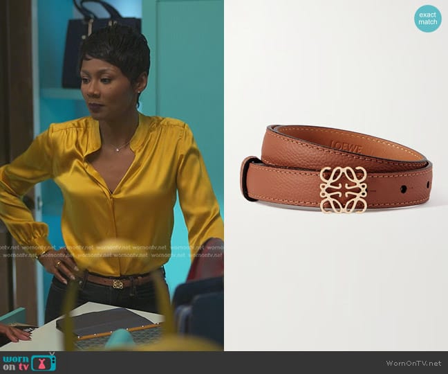 Loewe Anagram Textured-leather Belt in Tan worn by Jax Stewart (Emayatzy Corinealdi) on Reasonable Doubt