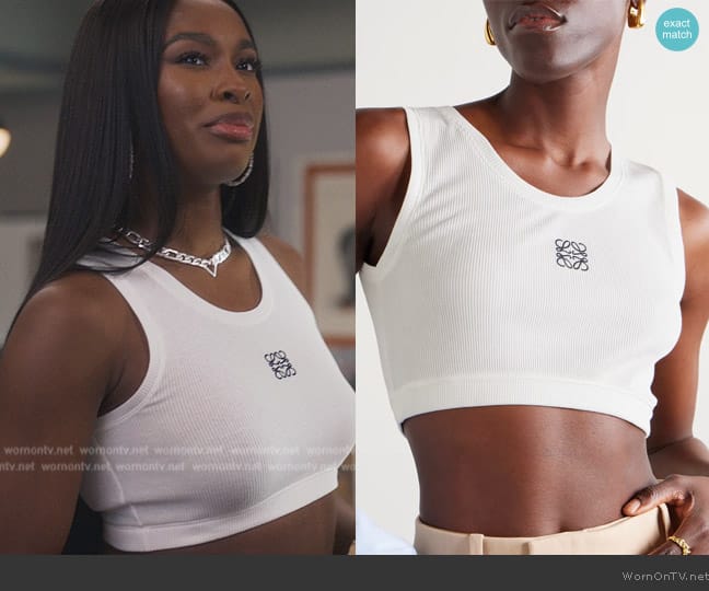 Loewe Anagram-embroidered slim-fit stretch-cotton top worn by Hilary Banks (Coco Jones) on Bel-Air