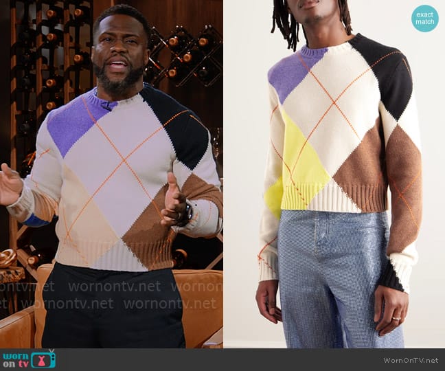 Loewe Slim-Fit Cropped Argyle Cashmere Sweater worn by Kevin Hart on Hart to Heart