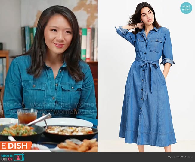 Loft Chambray Belted Midi Pocket Shirtdress worn by Nancy Chen on CBS Mornings