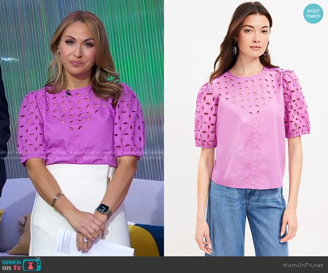 Loft Poplin Eyelet Puff Sleeve Blouse in Lilac Taffy worn by Lori Bergamotto on Good Morning America