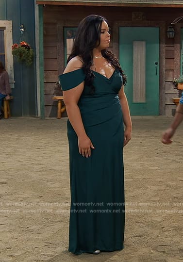 Lou's teal satin maxi dress on Bunkd