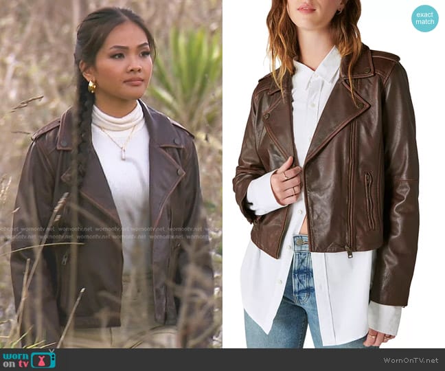 Lucky Brand Classic Leather Moto Jacket in Chestnut worn by Jenn Tran on The Bachelorette