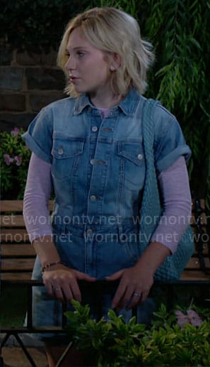 Lucy's denim romper and pink striped top on The Young and the Restless