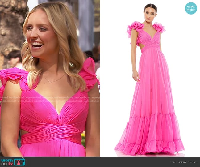 Mac Duggal Ruffle Tiered Cut-Out Chiffon Gown in Hot Pink worn by Daisy Kent on The Bachelorette